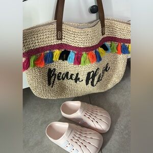 Cream and Pink Tote with Fringe Detail
